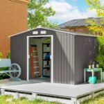 9' x 6' Outdoor Storage Shed, Garden Tool Metal Shed with Foundation Kit, Light Gray - Image 2