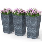 Tall Planters for Outdoor Plants Set of 3, 24 In Taper Planters with Drainage Holes, Rattan Decor Plant Pots for Indoor Outdoor Front Porch Patio Backyard, Gray