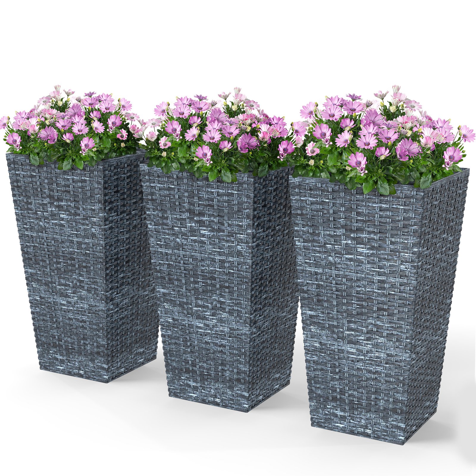 EMcad01983632c0ea.jpg Tall Planters for Outdoor Plants Set of 3, 24 In Taper Planters with Drainage Holes, Rattan Decor Plant Pots for Indoor Outdoor Front Porch Patio Backyard, Gray - Image 1
