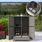 Outdoor Storage Cabinet with Shelves, Rattan Pool Towel Storage Cabinet with Removable Shelf & Drawer, Dark Gray - Image 4