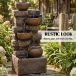 28" Outdoor Fountain with 5-Tier Rustic Jugs, Cascading Waterfall with LED Lights, Adjustable Flow, Rustic Brown - Image 4