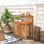 Outdoor Air Conditioner Fence Privacy Screen, Wood AC Fence Potting Table with Shelves for Patio, Light Brown - Image 2