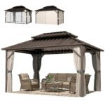 10' x 14' Hardtop Gazebo with Double Galvanized Steel Roof Canopy, Aluminum Frame Permanent Gazebo, Brown
