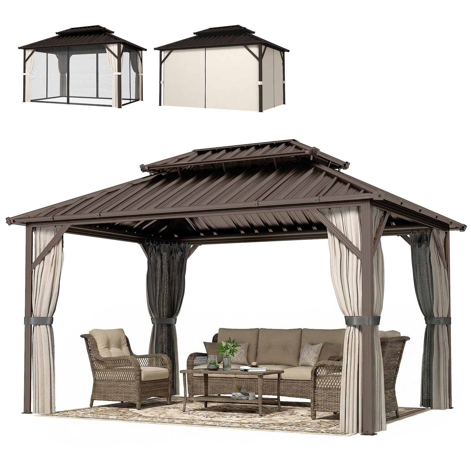 Ef33ca19db230969a.jpg 10' x 14' Hardtop Gazebo with Double Galvanized Steel Roof Canopy, Aluminum Frame Permanent Gazebo, Brown - Image 1