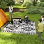 Reversible Outdoor Rug, Waterproof Plastic Straw with Carry Bag, 9' x 12', White & Black Toothed Rhombus - Image 2