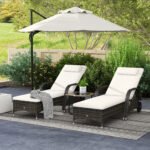 2 Reclining Chaise Lounge Chairs, Rolling Outdoor Chairs with Cushion, Pillow, Headrest, Armrests, and Wheels, Cream - Image 2