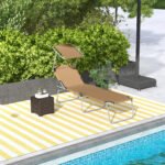 Outdoor Pool Chaise Lounge Chair, Folding Tanning Chair with Sun Shade, Tan - Image 2