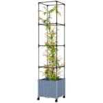Raised Garden Bed with Trellis, Tomato Cage with Lockable Wheels, Self Watering Planter Box with Drainage Holes, Gray