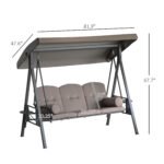3-Seat Patio Swing Chair, Outdoor Porch Swing Glider with Adjustable Canopy, Removable Cushion, Pillows and Side Trays, for Garden, Poolside, Backyard, Brown - Image 3
