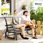 2-Person Outdoor Glider Bench, Patio Double Swing Rocking Chair Loveseat w/Powder Coated Steel Frame for Backyard Garden Porch, Beige - Image 2