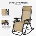 2 Outdoor Rocking Chairs Foldable Reclining Zero Gravity Lounge Rockers w/ Pillow Cup & Phone Holder, Beige - Image 6