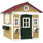 Wooden Playhouse for Kids Outdoor with Doors, Windows, Planter Pots and Boxes for Toddlers 3-8 Years, Beige