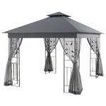 10' x 11.5' Metal Patio Gazebo, Double Roof Outdoor Gazebo Canopy Shelter w/Tree Motifs Corner Frame and Netting
