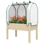 Raised Garden Bed with PE Greenhouse Cover Outdoor Planter Box for Herbs and Vegetables, 35 x 22 x 47 inch, Natural