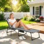 Folding Outdoor Chaise Lounge Chair Tanning Chair with 5-Level Adjustable Back, Side Table, Pillow, Pocket, Blue White - Image 2