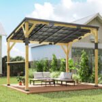 10' x 14' Wooden Gazebo, Hardtop Lean-to Gazebo Pergola with Galvanized Steel Sloped Roof, Bar Shelf, Natural Wood - Image 7