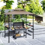 8' x 5' Outdoor Grill Gazebo, Barbecue Gazebo Shelter with Side Awning, 2 Side Shelves and 6 Hooks, Brown - Image 2