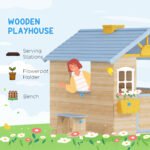Wooden Playhouse for Kids Outdoor Garden with Working Door, Windows, Bench, Service Station, Flowers Pot Holder, Blue - Image 5