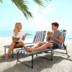 2 Folding Chaise Lounge Pool Chairs with 4-Position Reclining Back, Pillow, Breathable Mesh & Bungee Seat, Blue White - Image 7