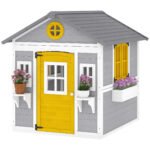 Wooden Playhouse for Kids Outdoor with Doors, Windows, Planter Pots and Boxes for Toddlers 3-8 Years, Gray