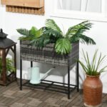 Raised Garden Bed, Elevated Planter Box with Rattan Wicker Look, Tool Storage Shelf, Portable Design for Herbs, Vegetables, Flowers, Gray - Image 2