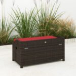 Outdoor Wicker Storage Bench with Storage & Cushion, Red - Image 8