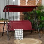 3-Person Porch Swing with Stand, Outdoor Swing for Patio Porch with Adjustable Tilt Canopy and Comfortable Swing Bench-Style Seat, Steel Frame, Wine Red - Image 2