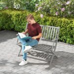 2-Person Foldable Wood Outdoor Bench with Backrest and Armrests for Garden, Porch, Park, Balcony, Gray - Image 2
