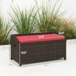 Outdoor Wicker Storage Bench with Storage & Cushion, Red - Image 3