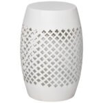12" Steel Outdoor Side Table, Round Hollow Drum Patio End Table, Accent Table for Indoor and Outdoorr, White