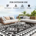 Reversible Outdoor Rug, Waterproof Plastic Straw with Carry Bag, 8' x 10', Black & White Rhombus Patchwork - Image 6