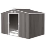 9' x 6' Outdoor Storage Shed, Garden Tool Metal Shed with Foundation Kit, Light Gray