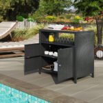 Outdoor Storage Cabinet with Acacia Wood Top, Two Doors, Shelf, Wicker Bar Table for Pool Towel Storage, Black - Image 8