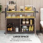 2-Tier Shelf PE Rattan Outdoor Bar Table, Glass Top Outdoor Serving Cart with Cabinet, Mixed Brown - Image 6