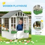 Kids Wooden Playhouse, Outdoor Garden Games Cottage with Flowers Pot Holder, Working Door, Windows, White - Image 6