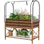 Raised Garden Bed with Legs and Cover, Metal Elevated Planter Box with Bottom Shelf and Liner for Vegetables, Brown
