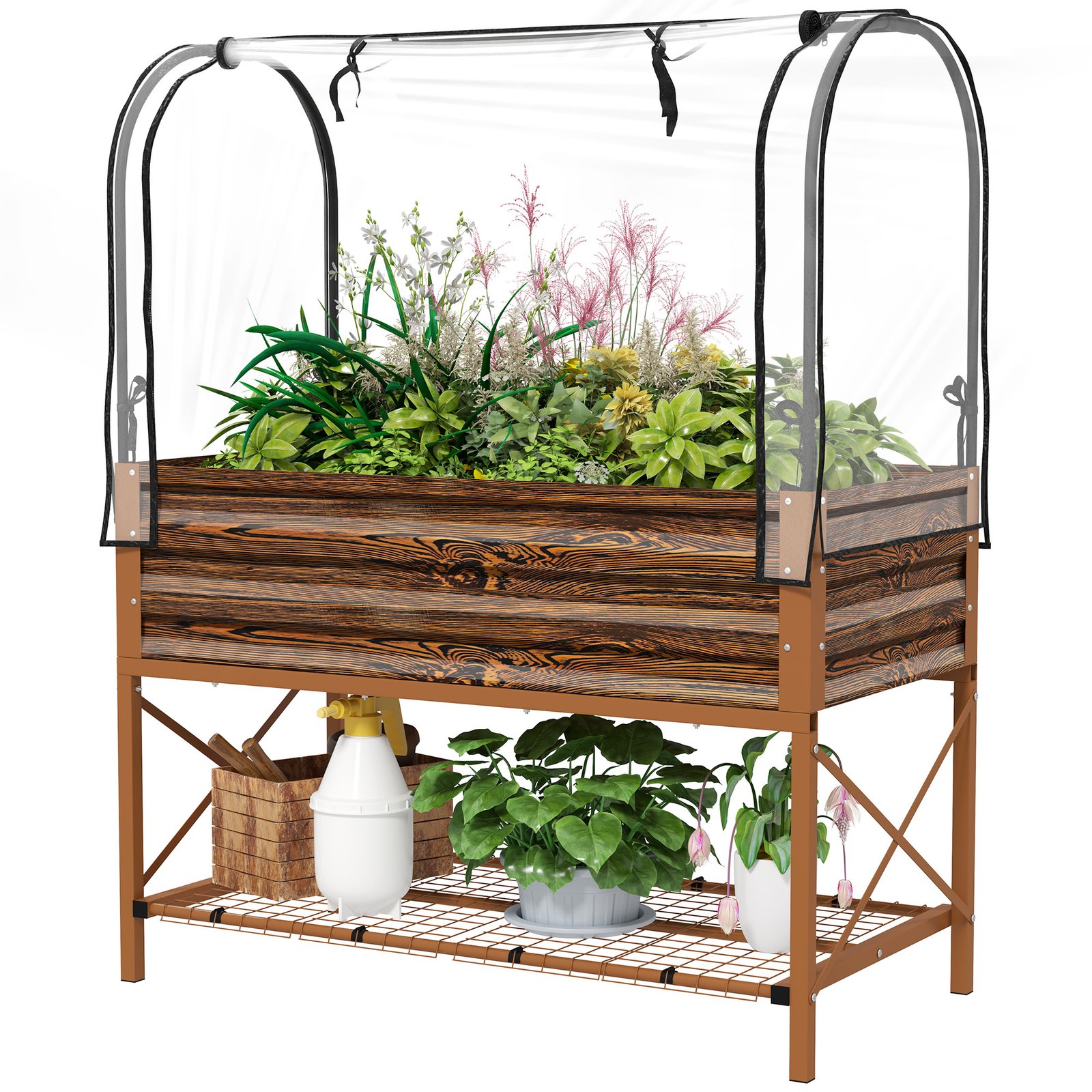 GtP7c4194967aea73.jpg Raised Garden Bed with Legs and Cover, Metal Elevated Planter Box with Bottom Shelf and Liner for Vegetables, Brown - Image 1