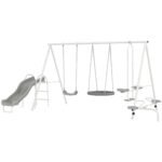 5 in 1 Kids Swing Set for Backyard with Heavy-Duty A-Frame Stand, Saucer Swing, Slide, Seesaw, Glider, Swing Seat, Gray