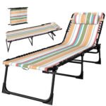 Folding Chaise Lounge Pool Chair with 4-Position Reclining Back, Pillow, Breathable Mesh & Bungee Seat, Rainbow Striped