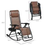 2 Outdoor Rocking Chairs Foldable Reclining Zero Gravity Lounge Rockers w/ Pillow Cup & Phone Holder, Brown - Image 3