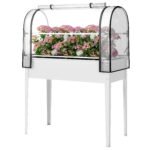 Raised Garden Bed with Flip-Up Greenhouse Cover, Metal Elevated Garden Bed with Legs and Drainage Hole, White