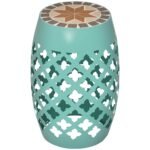 Decorative Outdoor Stool, 12" Round Patio Side Table, Mosaic Accent Plant Stand for Garden, Balcony, Blue