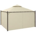 10' x 12' Outdoor Patio Gazebo with Curtains, Two-Tier Roof, Beige