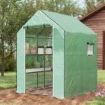 4.6' x 4.7' Portable Greenhouse, Water/UV Resistant Walk-In Small Outdoor Green House with 2 Tier U-Shaped Flower Rack Shelves, Roll Up Door & Windows, Green - Image 2
