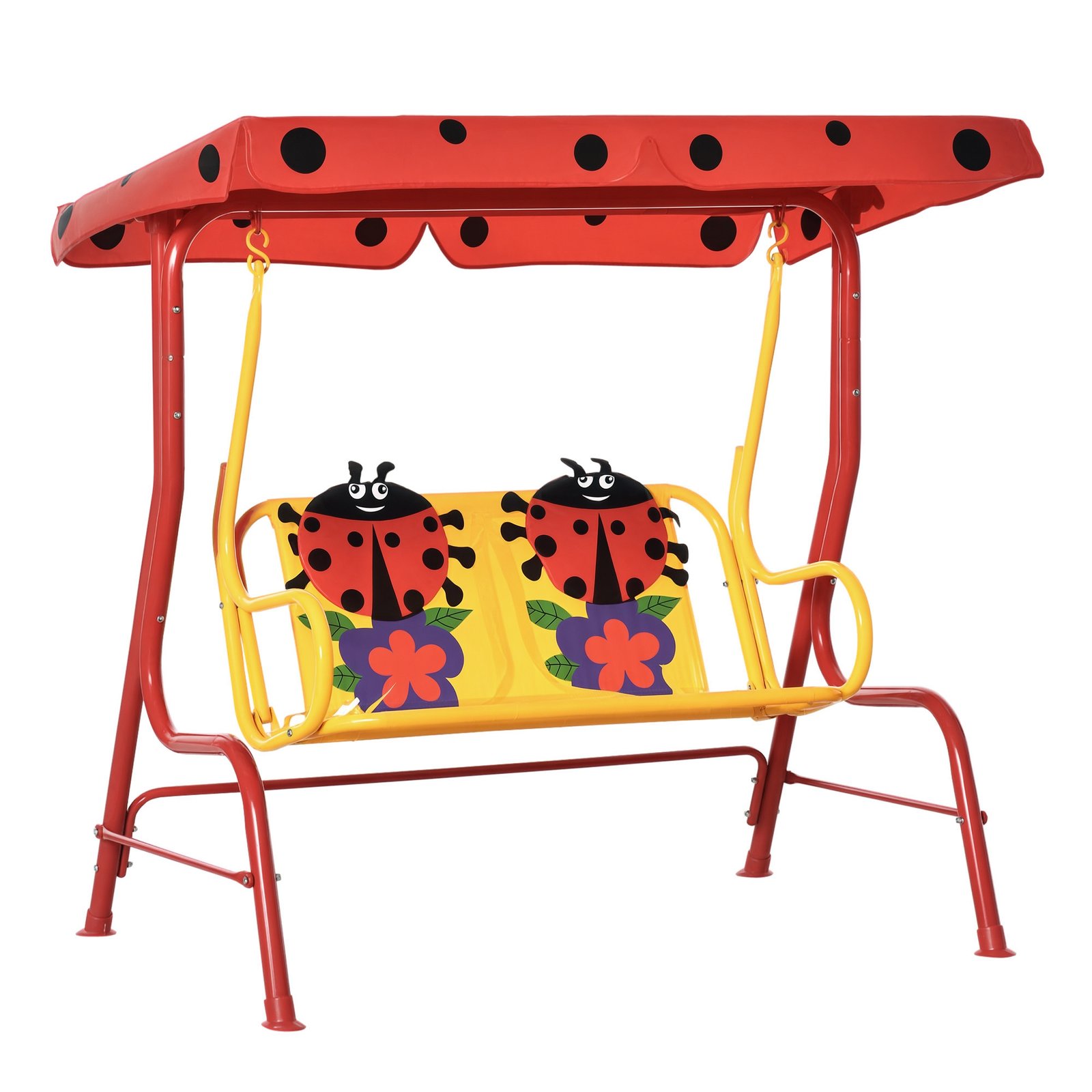 HVAb601980d554525.jpg Kids Patio Swing, Adjustable Canopy Swing Glider, Kids Outdoor Swing Chair with 2 Seats, Seat-Belted Safety, Red - Image 1