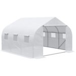 11.5' x 10' x 6.5' Walk-in Greenhouse, Tunnel Green House with Zippered Door and 6 Mesh Windows, Gardening Plant Hot House with Galvanized Steel Frame, White - Image 8