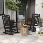 2PCs Outdoor Rocking Chair with Armrests, Fade-Resistant Waterproof HDPE for Indoor & Outdoor, Black - Image 2
