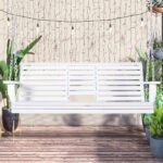 3-Seater Wooden Porch Swing, Patio Swing Bench with Folding Coffee Table, Cup Holders and Chains Included, 440lbs Weight Capacity, White - Image 2