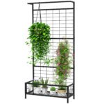 Metal Tall Plant Stand with Trellis and Hanging Bar, Plant Holder for Indoor Outdoor Use, 35" x 12.8" x 74", Black
