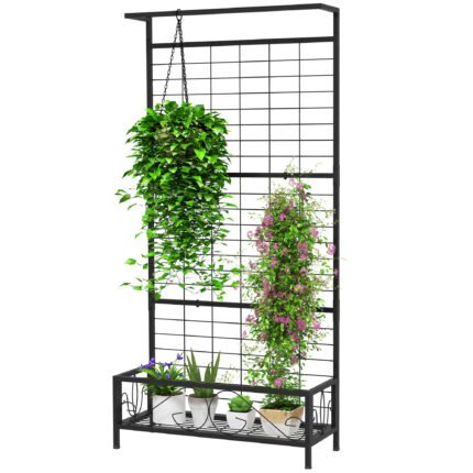Metal Tall Plant Stand with Trellis and Hanging Bar